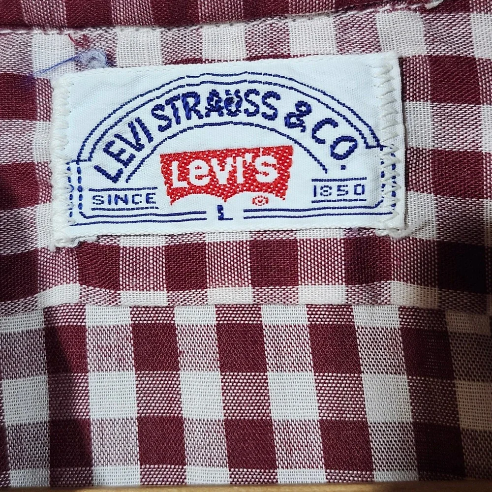 Vintage Levis Men Maroon White Gingham Check Button Down Shirt Large Long Sleeve